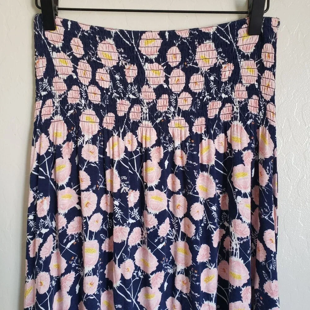 Downeast Smocked Floral Midi Skirt Blue/Pink Sz S Soft Jersey Knit Flowy Cottage